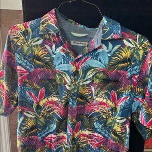 Tommy Bahama Blue Tropical Leaf & Floral Camp Shirt